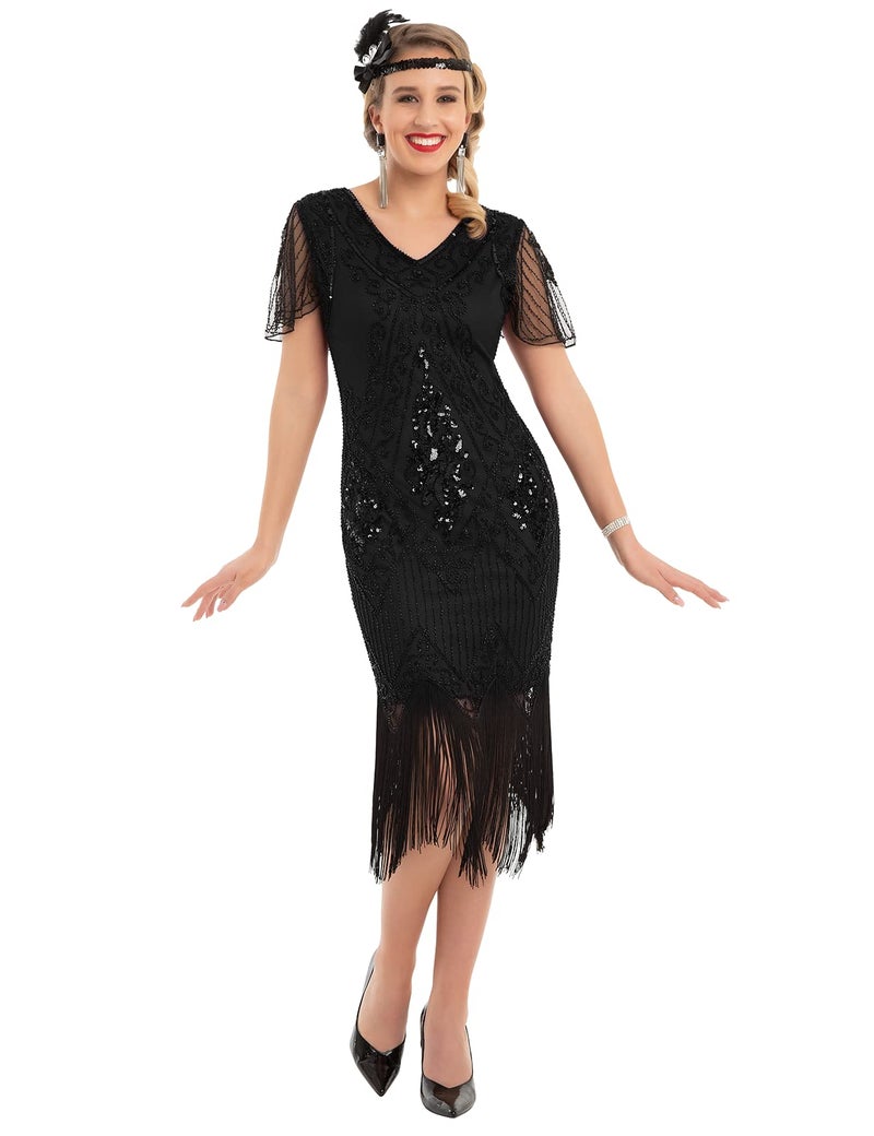 PrettyGuide Women's Flapper Dress Bead Sequin Fringed Gatsby Dress with Sleeve M Black - Image 3